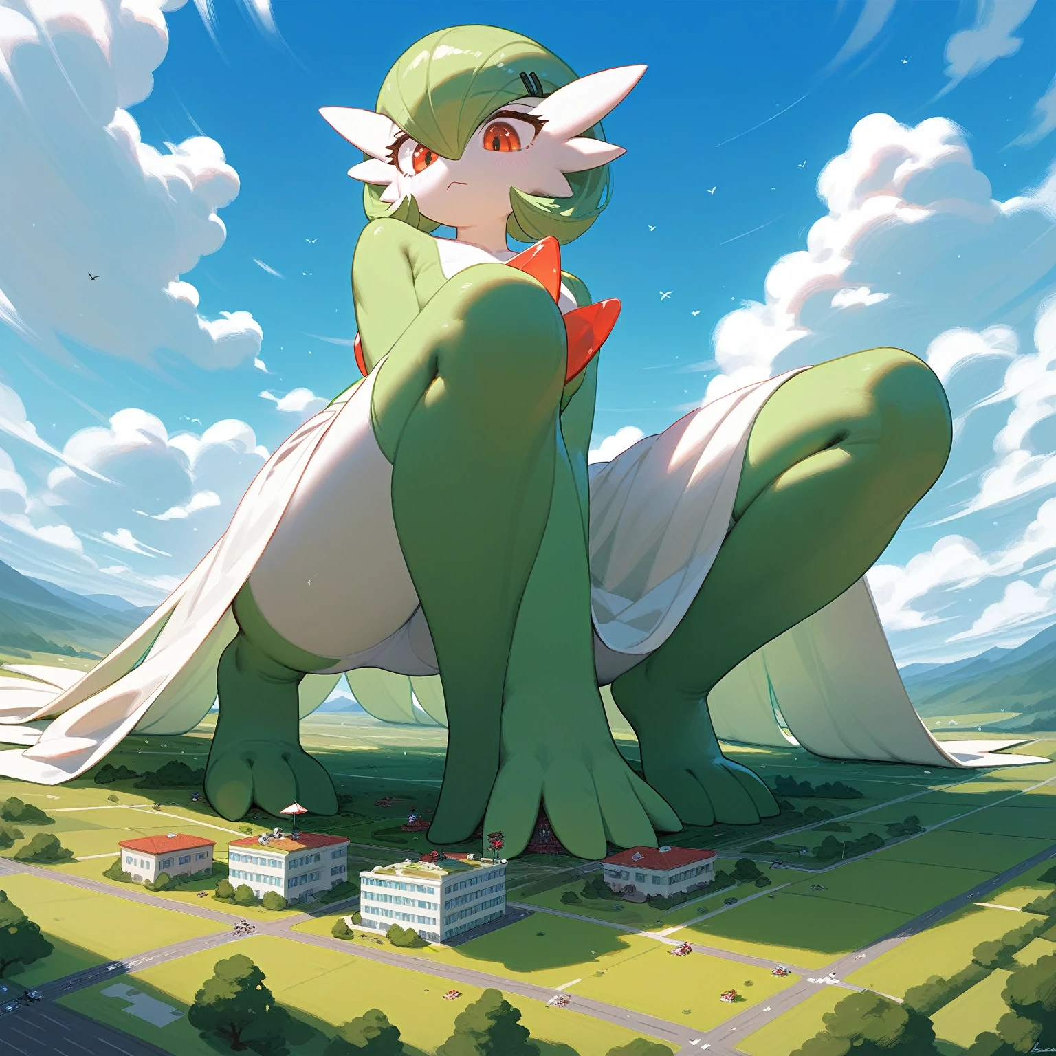 green legs, full body shot, green and white, gardevoir, pokemon, sizedifference, macro, giantess, high angle, stand, looking down, continent, 2 feet, 1 hands shown on, 3 toes, squat, cloud