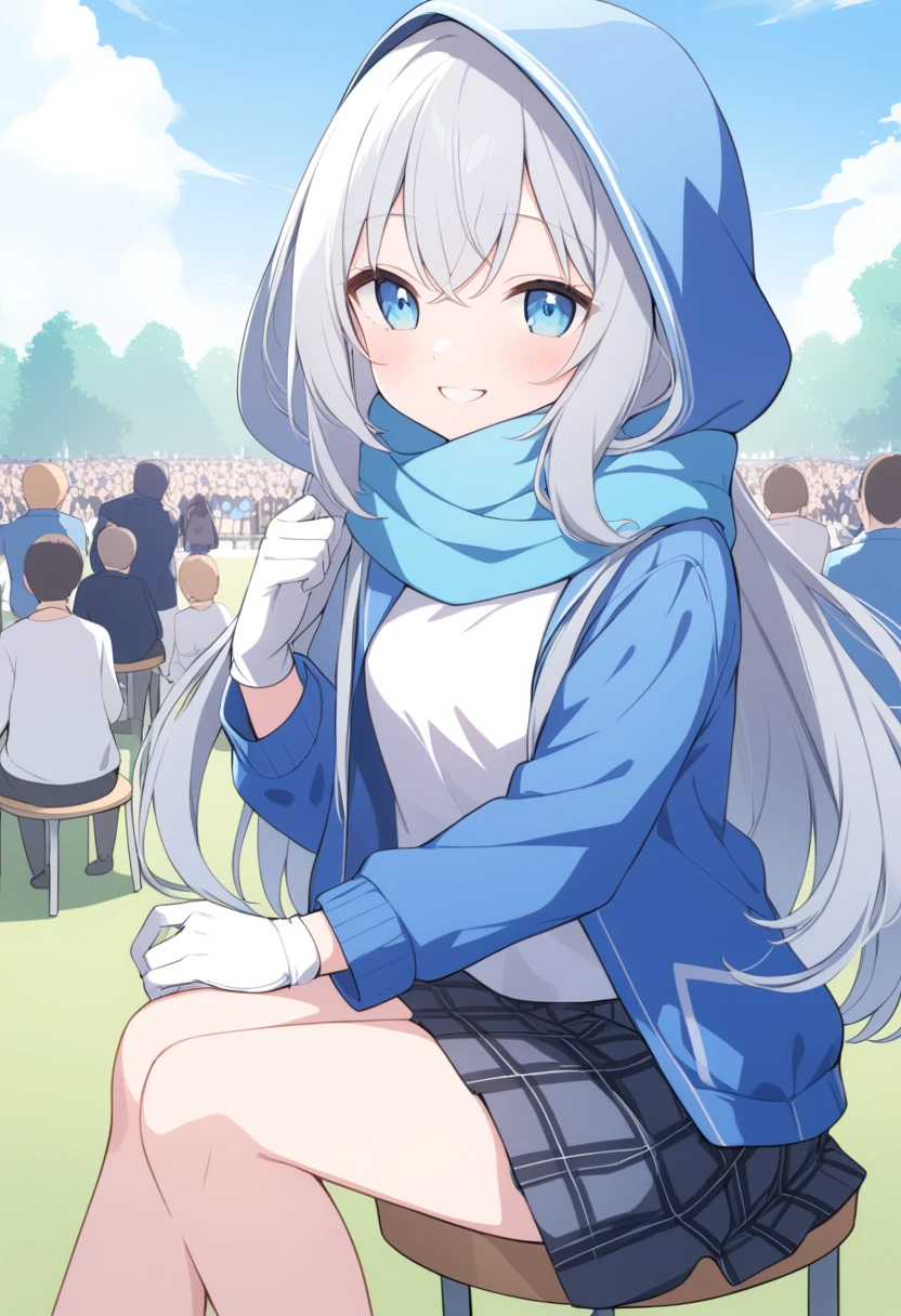 girl，Silver long hair, blue eyes, Wearing a blue hooded jacket,Wears a blue hood，A sky blue scarf, A white T-shirt, White gloves, and plaid skirt, Sit on a stool in the park，Smile at the audience, Blue aperture，