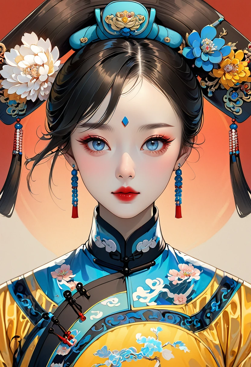 Fine brushwork,Thick coating of the board,Colored pencils,Procreate board drawing beautiful digital art,Clean lines,Beautiful Chinese Qing Dynasty princess,Bright Eyes,Exquisite facial features,(((Qing Dynasty flag head,major))),Symmetrical Qing Dynasty clothing,Bright colors,High Saturation,Red background