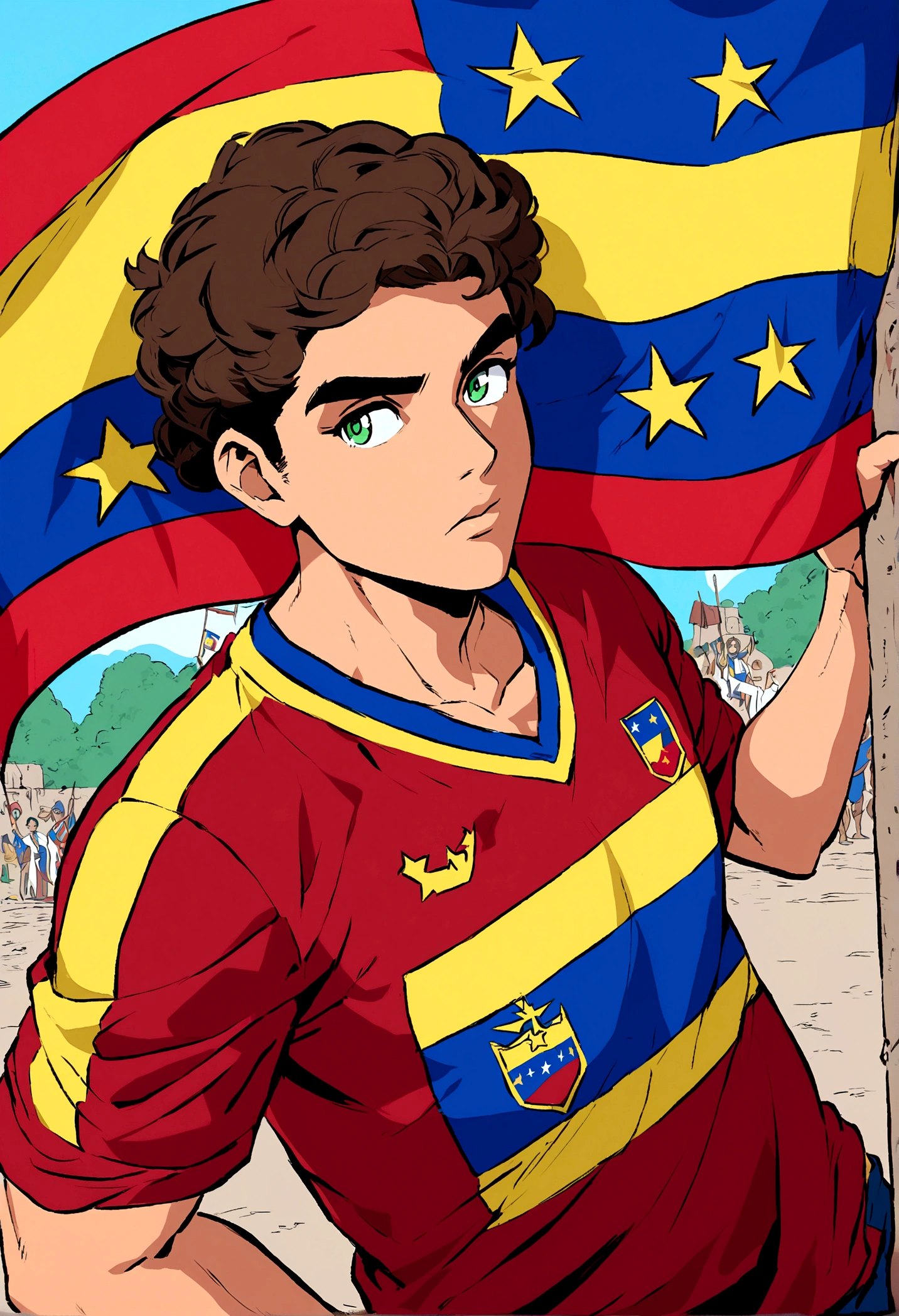 Disney style boy with green eyes and brown hair, with the Venezuelan national team's vinotinto shirt, holding the flag of Venezuela