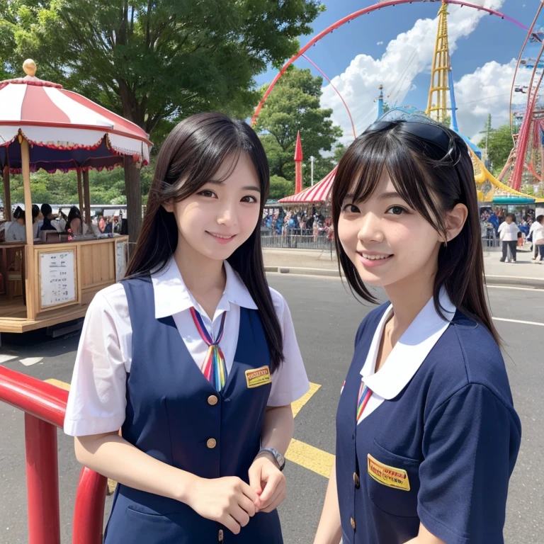 {2 | 3 | 4} girls walking in school street,cumulonimbus cloud in summer sky,navy blue school swimsuit,sailor shirt over,school bag,18-year-old,bangs,a little smile,thighs,knees,short hair with low pigtails bunches,from below,front light