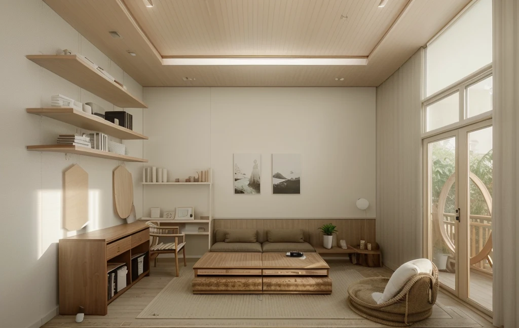 Minimalist Muji-style living room, neutral color palette, natural materials, soft lighting, low-profile white couch, wooden chair, natural wood coffee table, indoor plants, minimalist wall art, woven rug, natural light, tranquility, functionality, harmonious blend, large doors look to balcony on the right, The room is free of clutter, emphasizing functionality and simplicity, characteristic of the Muji style.
The ceiling is flat with recessed downlights arranged in a sparse, straight line pattern, providing subtle and even illumination throughout the room. 

((8k)), high quality detail, soft lighting, minimalist design, neutral color palette, natural materials, clean lines, serene and inviting, modern Japanese aesthetic, flat ceiling, recessed downlights.
