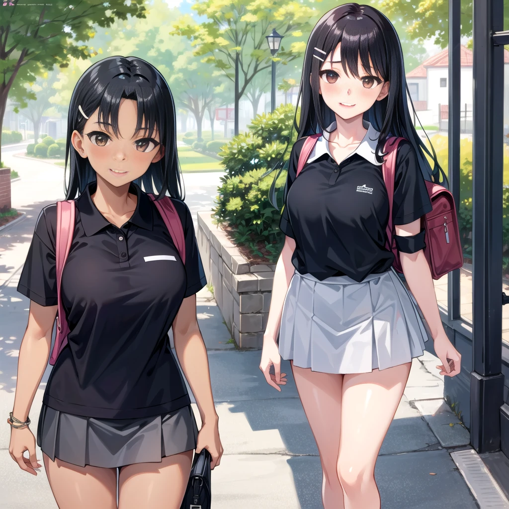 ((best quality)), ((masterpiece)), (details), one girl, sexy ((best quality)), ((masterpiece)), (details), one girl, sexy ((best quality)), ((masterpiece)), (details), one girl, full body, sexy expensive body, expensive, long legs, mature woman, mature, adult, it_nagatoro_main, Nagatoro Hayase, one girl, blushing, alone, uniform polo shirt, black hair, bag, brown eyes, hair accessory, looking at viewer, hair clip, outdoors, backpack, smiling, long hair, dark skinned woman, dark skin, , bangs, daytime, skirt, collared shirt, collarbone, ear clip, mouth closed, tree, asymmetrical bangs, upper body
