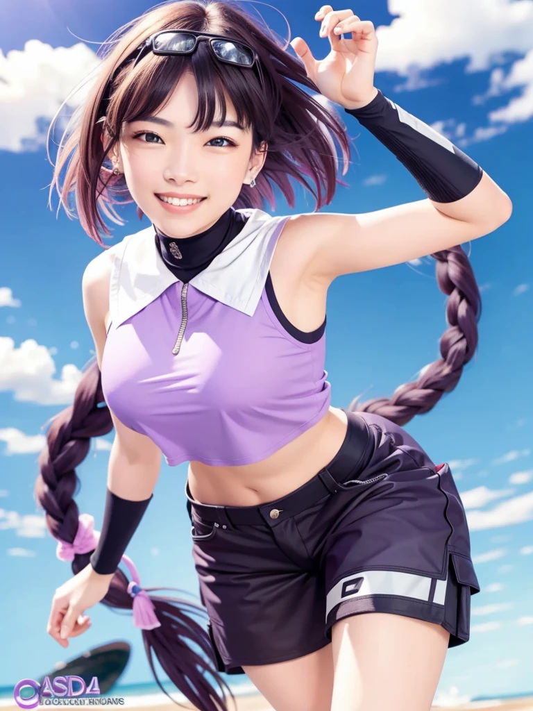 A beautiful girl, high quality, real details, color details, face details, eyes details, intricate details, smile face, smooth glowing skin, 3D image, medium contrast, cinematic lighting, realistic, masterpiece, 8K, thin face, front bangs hair, long hair with purple color, purple eyes, smiling , pink mouth, a girl with a purple sleeveless shirt, large breast size, 2 hands, 1 hand raised, 5 fingers, showing armpits, smooth armpit, black shorts.