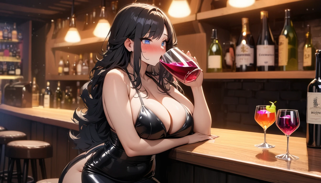 (best quality, 4K, high resolution, masterpiece:1.2, Extremely detailed),A plump woman,Looking at the camera sadly,Large Breasts,30 years old girl,独奏,black hair,long hair,blue eyes,(drunk,blush),sitting,drinking,((Mature sexy body)),Black stockings,Black tight skirt, Mature sexy body,holding mug,counter,pub,(Fashion bar) indoors, ((Cocktail Glass) Full of colorful wine), (dimly light room), Wine Bottle, Detailed background,Fluffy hair
