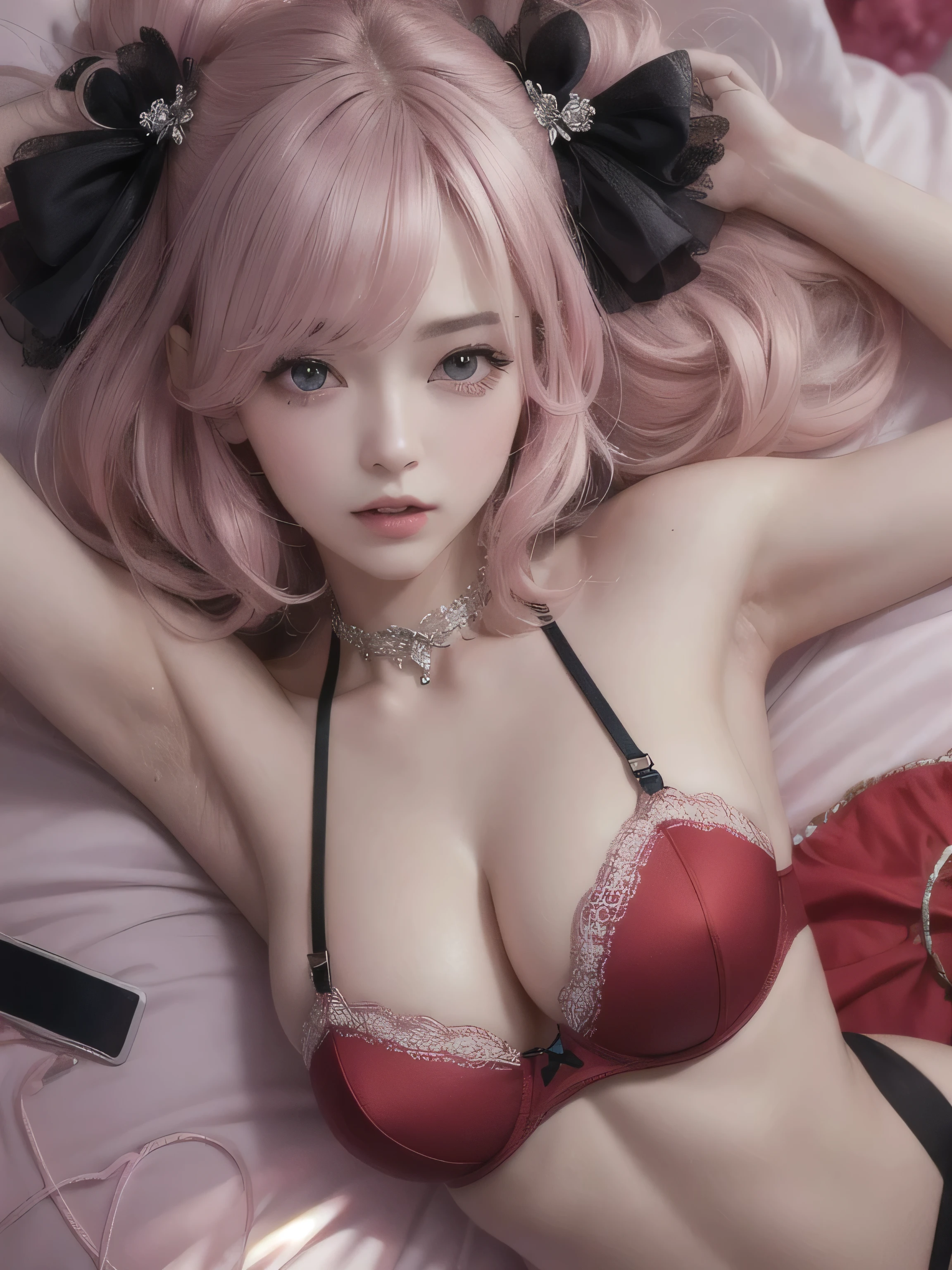 (masterpiece、Highest quality:1.4)、 (8K resolution、Ultra-high resolution:1.2)、(Detailed depiction face,Detailed depiction of hands,Eye for detailed depiction、Detailed skin、Detailed Hair、Glowing Skin,Pale skin:,Beautiful Bangs、Highly Detailed Hair、One Girl,Detail and beauty that cannot be captured in reality,Elegant and perfect figure:1.2)、18-year-old、Lip gloss、(Add highlights to the eyes、The eyes are green,Powerful camera gaze:1.2),( Movement in the bangs.Two-knot hair,Pastel pink hair:1.3) (Cute Smile,Cute face), (Detailed silk sheets,Detailed canopy bed,Detailed king size bed,Detailed pillow,Two large pillows,Pink room,:1.2),(Sexy Poses,Edgy pose:1.5),(Average chest:1.1),(Red strapless bra,race:1.5),(Blur the background),Sony FE GM,Sparkle Effect,Super bright natural light,Shot from above,Stardust