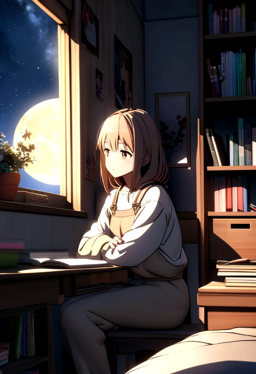 Japanese manga A 3D anime-style scene of a girl daydreaming in her room at night. The room is softly lit with warm-colored lights, and a desk is scattered with notebooks and pens. The girl is gazing out of the window at the night sky, with stars and the moon visible. The background includes bookshelves and posters, creating a cozy atmosphere. The girl is sitting on her bed, relaxed and lost in thought. The overall scene is quiet and dreamy.