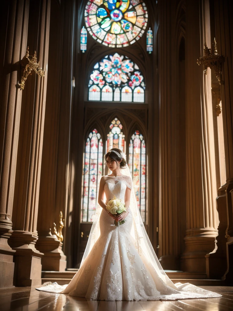 A bride with an elegant posture and radiant skin, is dressed in an impressive white wedding dress richly adorned with pearls and diamonds. She stands in the aisle of a grand, old cathedral, delighting in the soft light filtering in through the stained-glass windows. This light contributes to the supernatural play of colors on her dress, imparting it an unearthly charm. The shot is at eye-level, capturing the serene beauty of the bride against the imposing backdrop of the cathedral.