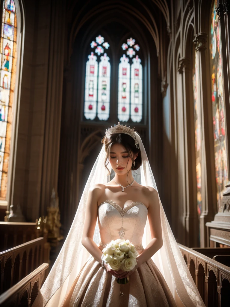 A bride with an elegant posture and radiant skin, is dressed in an impressive white wedding dress richly adorned with pearls and diamonds. She stands in the aisle of a grand, old cathedral, delighting in the soft light filtering in through the stained-glass windows. This light contributes to the supernatural play of colors on her dress, imparting it an unearthly charm. The shot is at eye-level, capturing the serene beauty of the bride against the imposing backdrop of the cathedral.