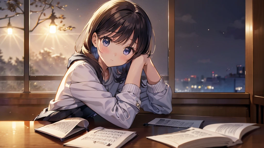 A  and quiet night，The noise of the city continues，As time goes by, it slowly becomes quiet，The only sound coming from outside was the chirping of insects.。The girl in the room turned on the desk light，With the bright moonlight shining on her face，Eyes focused on the pages of the book， Holding a pen in hand, writing notes attentively，Wearing a simple long-sleeved sweatshirt，Comfortable and casual，Soft music echoed in the room， Create a peaceful and beautiful atmosphere