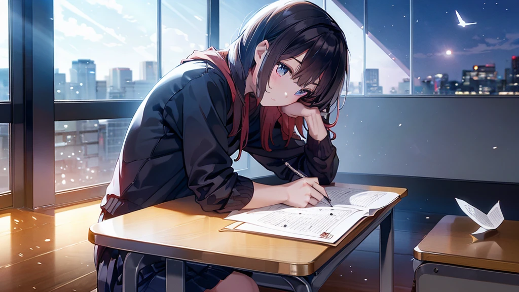 A and quiet night,The noise of the city continues,As time goes by, it slowly becomes quiet,The only sound coming from outside was the chirping of insects.。The girl in the room turned on the desk light,With the bright moonlight shining on her face,Eyes focused on the pages of the book, Holding a pen in hand, writing notes attentively,Wearing a simple long-sleeved sweatshirt,Comfortable and casual,Soft music echoed in the room, Create a peaceful and beautiful atmosphere