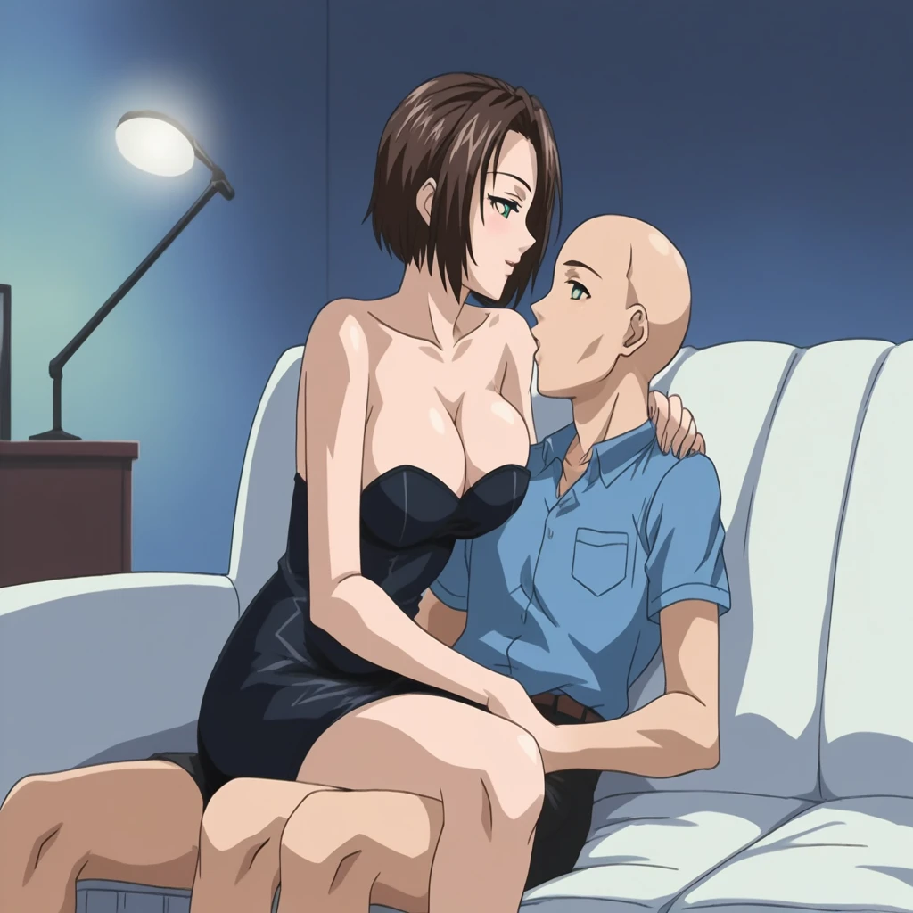 score_9, score_8_up, source_anime Bibl3, mature woman breast feeds young boy, 1girl(milf, mature woman, messy bun hair, dark brown hair, huge breasts, swollen breasts, lactating, breast milk, nervous smile, blank stare, staring ahead, hypnotized, open mouth, empty eyes, sweaty), 1boy(14year_old, bald, shaved head, tanned skin, small eyes, shotacon, shouta, sucking breasts, breastfeeding), sitting on couch, living room, afternoon, natural light, contrast lighting, viewed from front