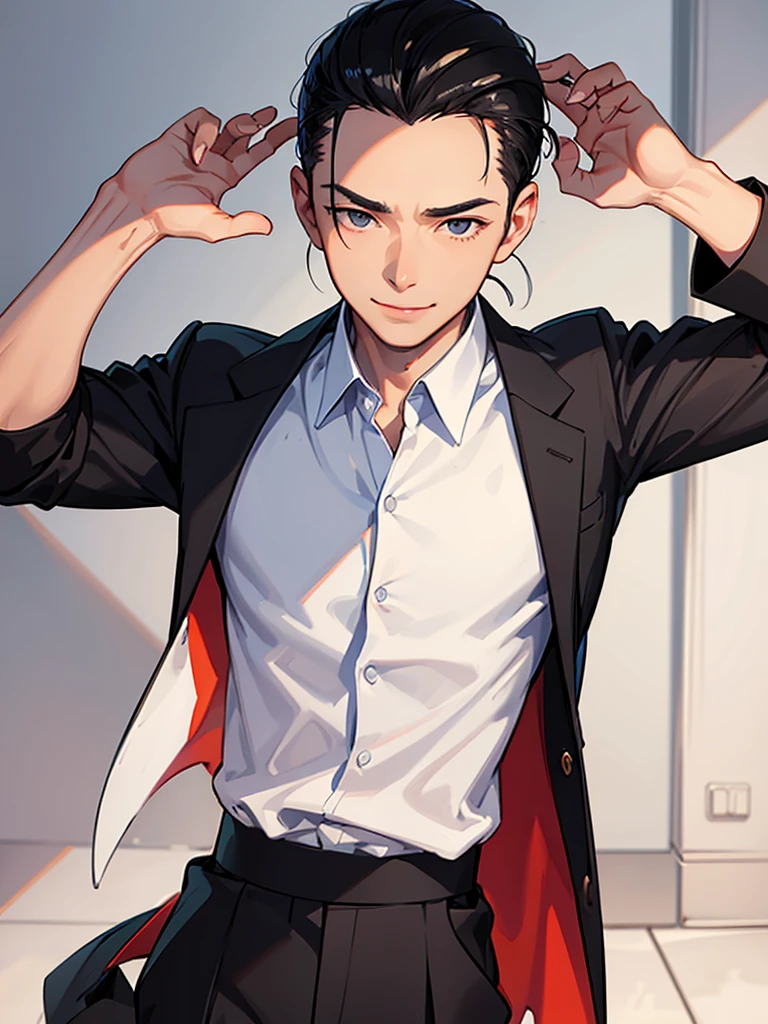 Forehead, Slicked back hairstyle, A kind smile, One Man, Portrait from chest up, Very short black hair, Old man in clothes, Please open your eyes a little, Male hand,Man&#39;s face,Male eyebrows, Male Eyes, Sharp Nose ,Long Nose, Slicked back hairstyle, Black butler uniform, Iris, walking , A kind smile, Reminiscent of a novel cover, Dramatic lighting, Emphasize the contrast between light and shadow, (Official Art, Highest quality、unity 8k wallpaper、32k、masterpiece、Very detailed, grab your hair with your hands, Cinema Lighting, Isekai Tensei, anime,Beautiful light shining through the window, sense of cleanliness,