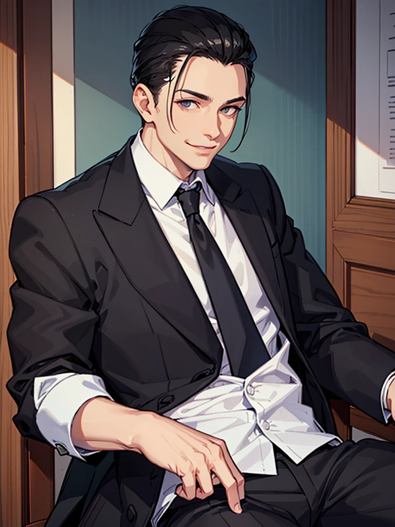 Forehead, Slicked back hairstyle, A kind smile, One Man, Portrait from chest up, Very short black hair, Old man in clothes, Please open your eyes a little, Male hand,Man&#39;s face,Male eyebrows, Male Eyes, Sharp Nose ,Long Nose, Slicked back hairstyle, Black butler uniform, Iris, walking , A kind smile, Reminiscent of a novel cover, Dramatic lighting, Emphasize the contrast between light and shadow, (Official Art, Highest quality、unity 8k wallpaper、32k、masterpiece、Very detailed, grab your hair with your hands, Cinema Lighting, Isekai Tensei, anime,Beautiful light shining through the window, sense of cleanliness,