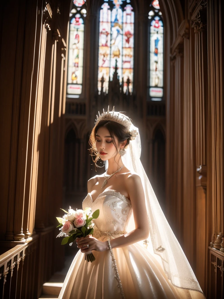 A radiant bride, with her refined poise, is robed in a breath-taking white wedding dress ornately decorated with pearls and diamonds. She is nestled within the aisle of a beautifully aged cathedral as golden light dances through the stained-glass windows. The light creates an ethereal chromatic display on her dress, enhancing its celestial beauty. The portrait is captured from a mid-level angle that balances the bride's refined elegance against the intricate detail of the cathedral's architecture.