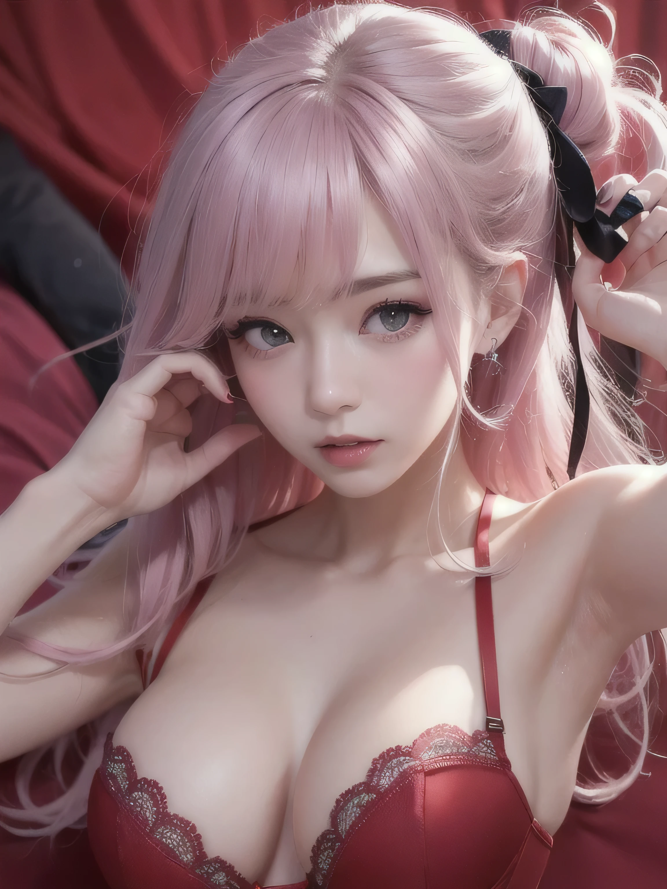 (masterpiece、Highest quality:1.4)、 (8K resolution、Ultra-high resolution:1.2)、(Detailed depiction face,Detailed depiction of hands,Eye for detailed depiction、Detailed skin、Detailed Hair、Glowing Skin,Pale skin:,Beautiful Bangs、Highly Detailed Hair、One Girl,Detail and beauty that cannot be captured in reality,Elegant and perfect figure:1.2)、18-year-old、Lip gloss、(Add highlights to the eyes、The eyes are green,Powerful camera gaze:1.2),( Movement in the bangs.Two-knot hair,Pastel pink hair:1.3) (Cute Smile,Cute face), (Detailed silk sheets,Detailed canopy bed,Detailed king size bed,Detailed pillow,Two large pillows,Pink room,:1.2),(Sexy Poses,Edgy pose:1.5),(Average chest:1.1),(Red strapless bra,race:1.5),(Blur the background),Sony FE GM,Sparkle Effect,Super bright natural light,Shot from above,Stardust