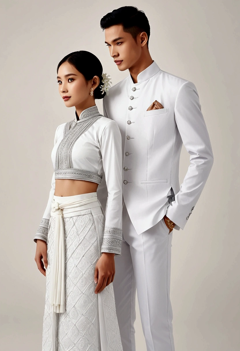 candid fashion illustration of two young man and women, adorned in a meticulously crafted North Thai traditional outfit, stands gracefully against the simple backdrop of Lanna style decoration. Their attire shimmers with intricate embroidery and white accents, each element carefully chosen to reflect the rich Lanna cultural heritage, ((showcase fashion in a Northern Thai Lanna outfits all in white)), in elegant luxury style, The man wears a simple long-sleeved white shirt with minimal details, paired with white Tailor pants, shoes, The woman complements him with white tubular skirt that is handwoven and simple patterns, ankle-length and is wrapped around the waist detail, and A fitted intricately decorated blouse that complements the skirt. Captured in a low angle, ((full-body image)), (full-body pose)), ((white studio background)), realistic color pencil lines, perfect drawing, charcoal lines, fading sketch, quick Sketch, soft light,