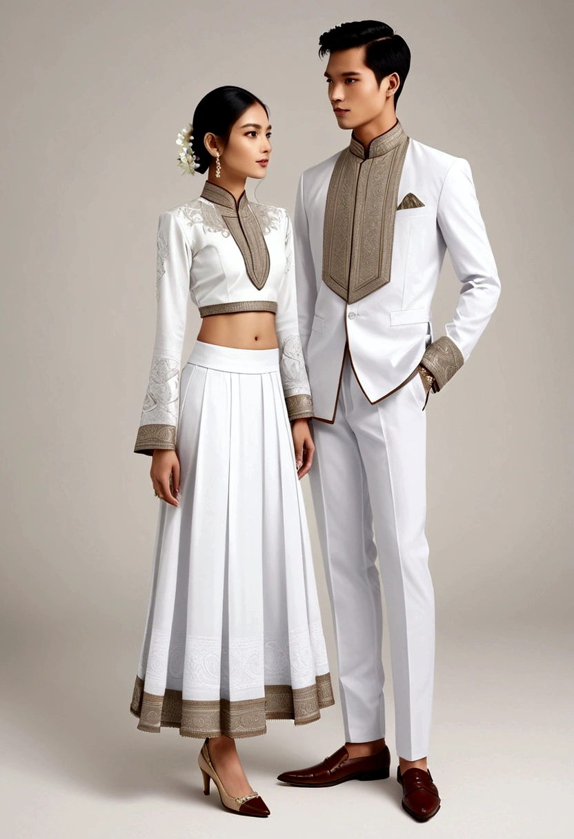 candid fashion illustration of two young man and women, adorned in a meticulously crafted North Thai traditional outfit, stands gracefully against the simple backdrop of Lanna style decoration. Their attire shimmers with intricate embroidery and white accents, each element carefully chosen to reflect the rich Lanna cultural heritage, ((showcase fashion in a Northern Thai Lanna outfits all in white)), in elegant luxury style, The man wears a simple long-sleeved white shirt with minimal details, paired with white Tailor pants, shoes, The woman complements him with white tubular skirt that is handwoven and simple patterns, ankle-length and is wrapped around the waist detail, and A fitted intricately decorated blouse that complements the skirt. Captured in a low angle, ((full-body image)), (full-body pose)), ((white studio background)), realistic color pencil lines, perfect drawing, charcoal lines, fading sketch, quick Sketch, soft light,