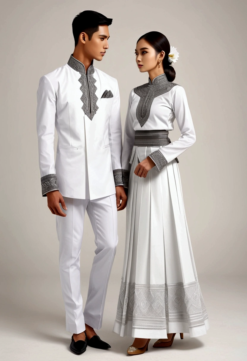 candid fashion illustration of two young man and women, adorned in a meticulously crafted North Thai traditional outfit, stands gracefully against the simple backdrop of Lanna style decoration. Their attire shimmers with intricate embroidery and white accents, each element carefully chosen to reflect the rich Lanna cultural heritage, ((showcase fashion in a Northern Thai Lanna outfits all in white)), in elegant luxury style, The man wears a simple long-sleeved white shirt with minimal details, paired with white Tailor pants, shoes, The woman complements him with white tubular skirt that is handwoven and simple patterns, ankle-length and is wrapped around the waist detail, and A fitted intricately decorated blouse that complements the skirt. Captured in a low angle, ((full-body image)), (full-body pose)), ((white studio background)), realistic color pencil lines, perfect drawing, charcoal lines, fading sketch, quick Sketch, soft light,