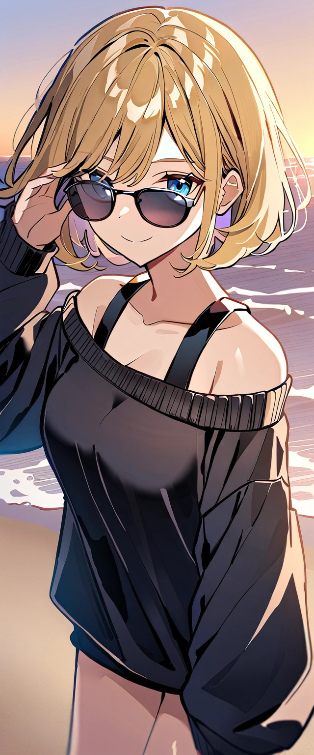 ((sea, beach)), bare legs, (()), (((sunglasses, hand to sunglasses))), (((upper body))), ((wavy hair, inward curled hair)), evening, ((Sunset)), ((blond hair, bob cut:1.3)), breasts, teenager, (looking at viewer), oversized clothes, puffy long sleeves, ((off-shoulder sweater:1.3, Quite thick shoulder straps)), ((black sweater)), collarbone, head tilt:1.3, (((blue eyes))), ((happy smile)), (((anime style))), (best quality, 4K, 8K, highres, masterpiece:1.2, ultra-detailed, ultra-detailed eyes, HDR, uhd, studio lighting, ultra-fine painting, sharp focus, physically-based rendering, extreme detail description, professional, vivid colors, bokeh)
