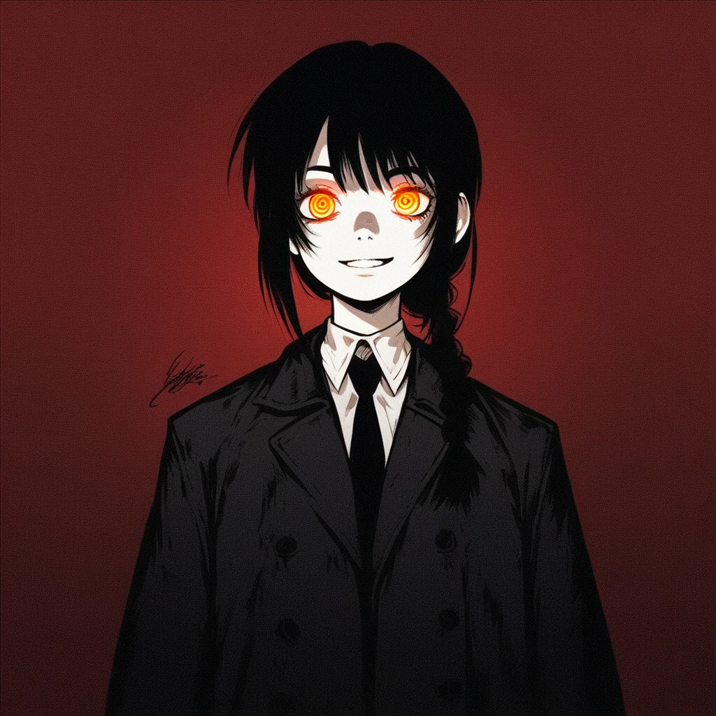 (score_9, score_8_up), score_7_up, score_6_up, score_5_up, score_4_up, Nayuta, 1girl, ringed eyes, black hair, yellow eyes, best quality, young, black coat, open coat, trench coat, white collar shirt, black necktie, black pants, black belt, red background, creepy, grain, blood on face, smile, medium hair, single braid, glowing eyes, dark theme, low light,