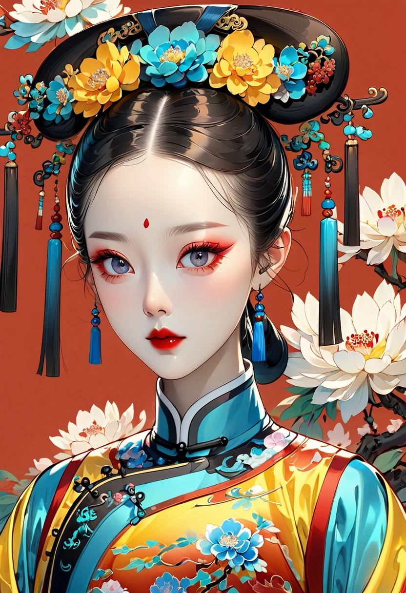 Makeup for Qing Dynasty Palace Drama,Thick coating of the board,Colored pencils,Procreate board drawing beautiful digital art,Clean lines,Beautiful Imperial Concubine of the Qing Dynasty,Bright Eyes,Exquisite facial features,(((Qing Dynasty Gaoqitou,Flowers))),Qing Dynasty Clothing,Bright colors,High Saturation,Solid red background