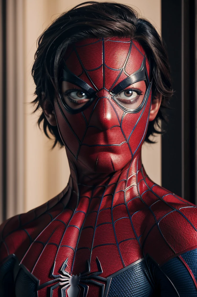A photograph of Spider-Man., sin mascara, the 20s, elegant, detailed face, looking to the camera, portrait, 8k hd, high quality
