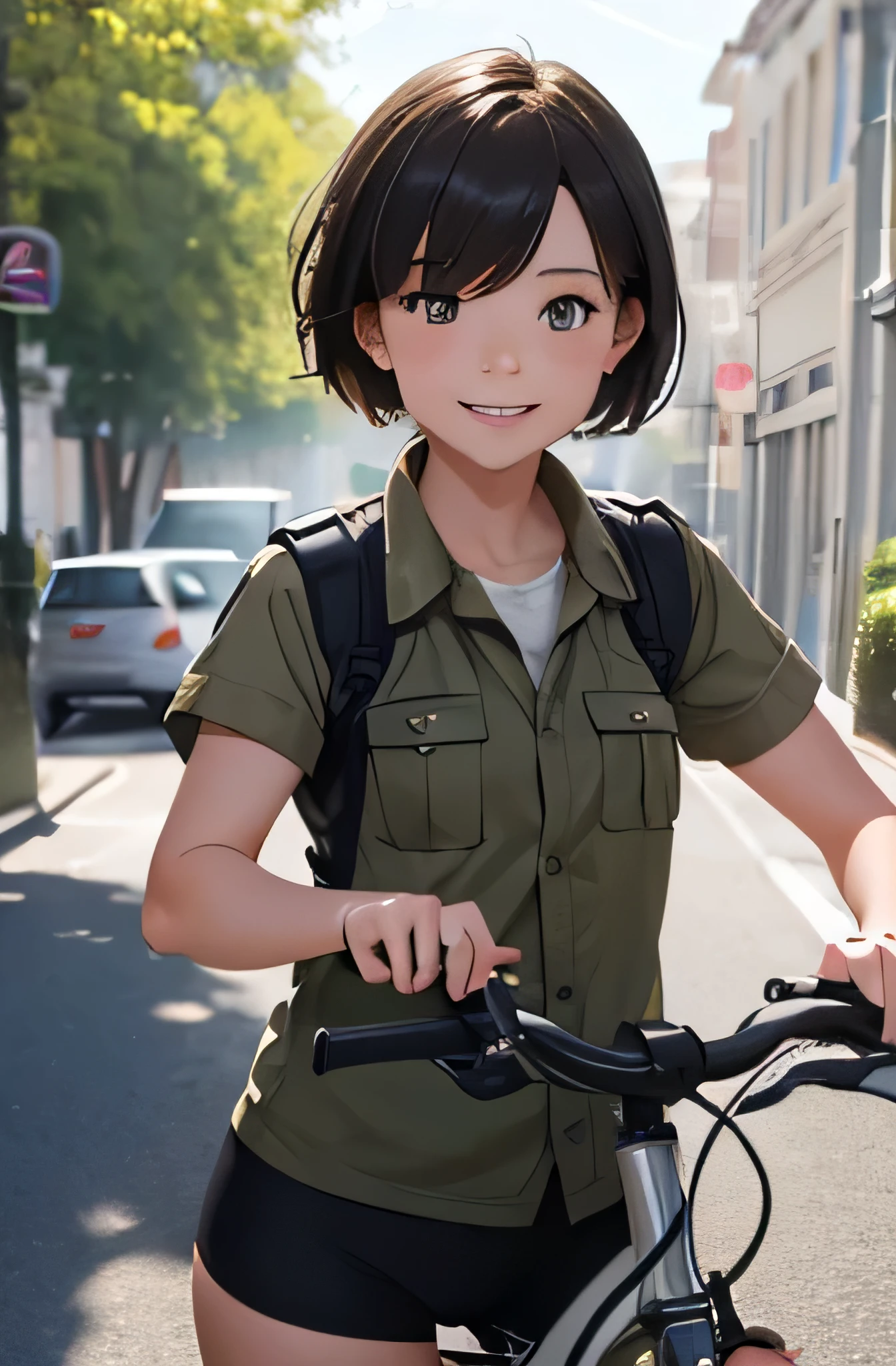 Girl in combat uniform,short hair,summer,smile,Driving a bicycle,8K, Highest quality, masterpiece