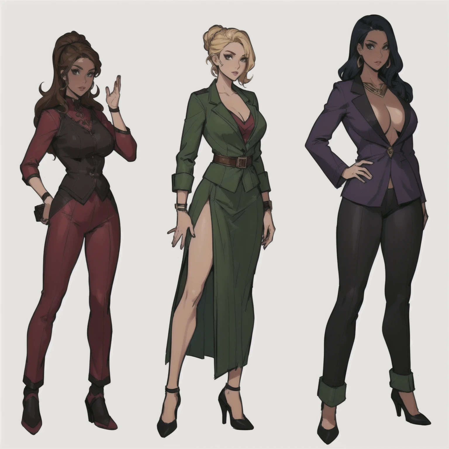 three cartoon women in different outfits standing next to each other, outfit designs, diverse outfits, character designs, several character designs, comic character design, d & d style full body portrait, human game protagonist designs, full character design, character concepts, full character concept art, full body character concept art, female superhero proportions, full body character design, female lead character