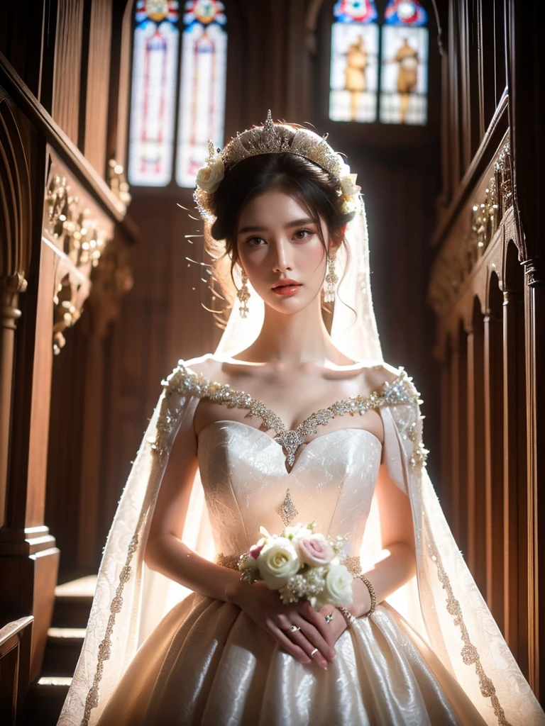 A radiant bride, with her refined poise, is robed in a breath-taking white wedding dress ornately decorated with pearls and diamonds. She is nestled within the aisle of a beautifully aged cathedral as golden light dances through the stained-glass windows. The light creates an ethereal chromatic display on her dress, enhancing its celestial beauty. The portrait is captured from a mid-level angle that balances the bride's refined elegance against the intricate detail of the cathedral's architecture.