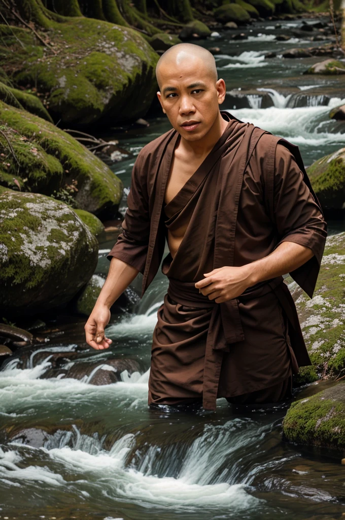 The monk studies his students at the tale of river in the wild