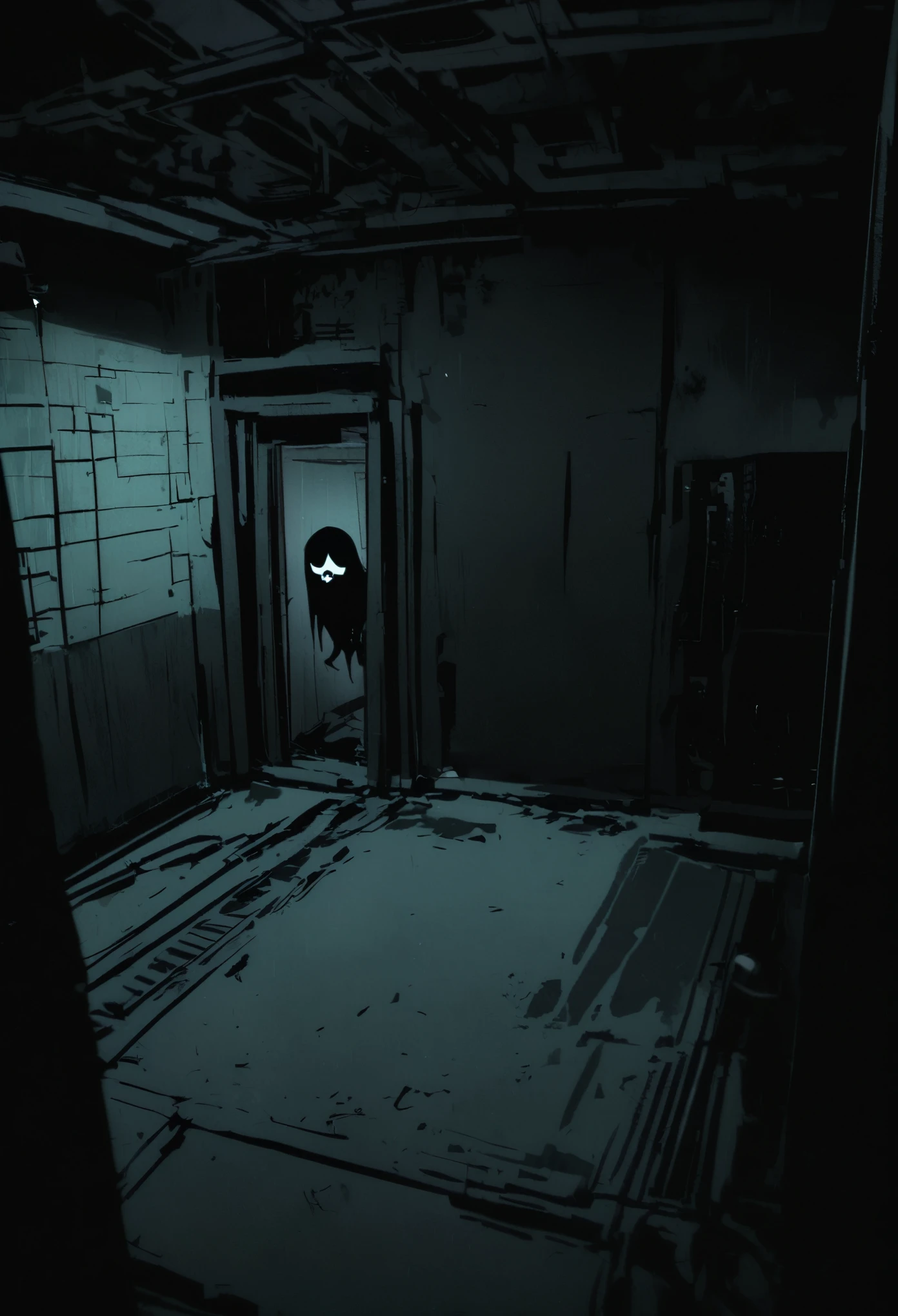 cctv footage of an extremely dark empty room with evil horror humanoid Japanese Ghost 