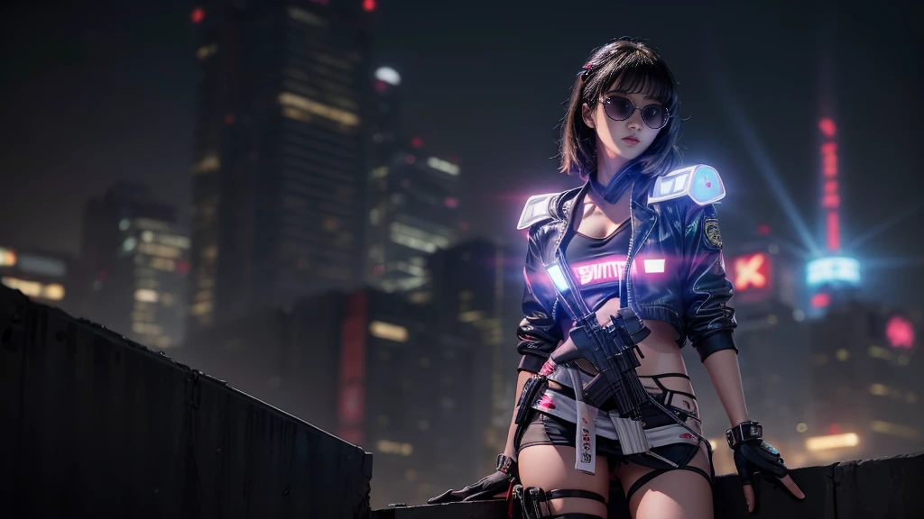 8k, Realistic Skin Texture, Realistic Photo, Neo Tokyo, slim women, large-breast:1.4 cleavage:1.3, AD2050 at night, Dirty hunting jacket, Wearing tube top, miniskirt, (((black sunglasses, automatic rifle, sneakers, cold, shooting pose, very low angle view))), Innovative composition, revenge, cyberpunk, blade runner worldview, Large neon sign, Geisha hologram sign, Strong Wakamoto Sign.