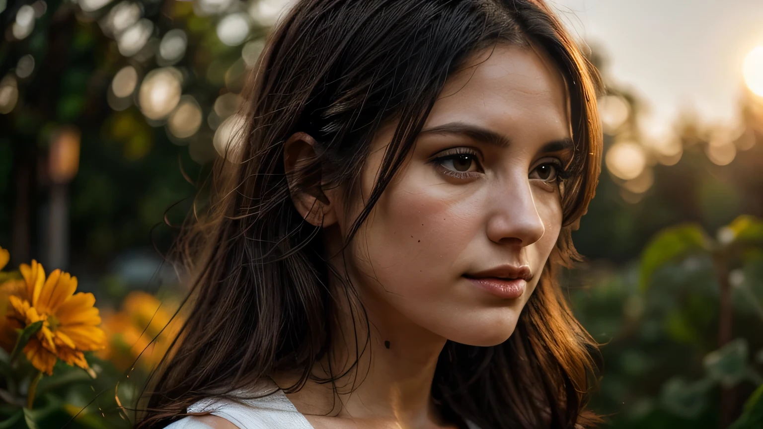 a stonishing pretty white woman, 27 years old, dark-haired, expressing hapinness but a bit worried, high quality, detailed, photorealistic, warm lighting, espectacular outside ambience, orange solar background, intricate details, masterpiece, 8k, ultra-detailed