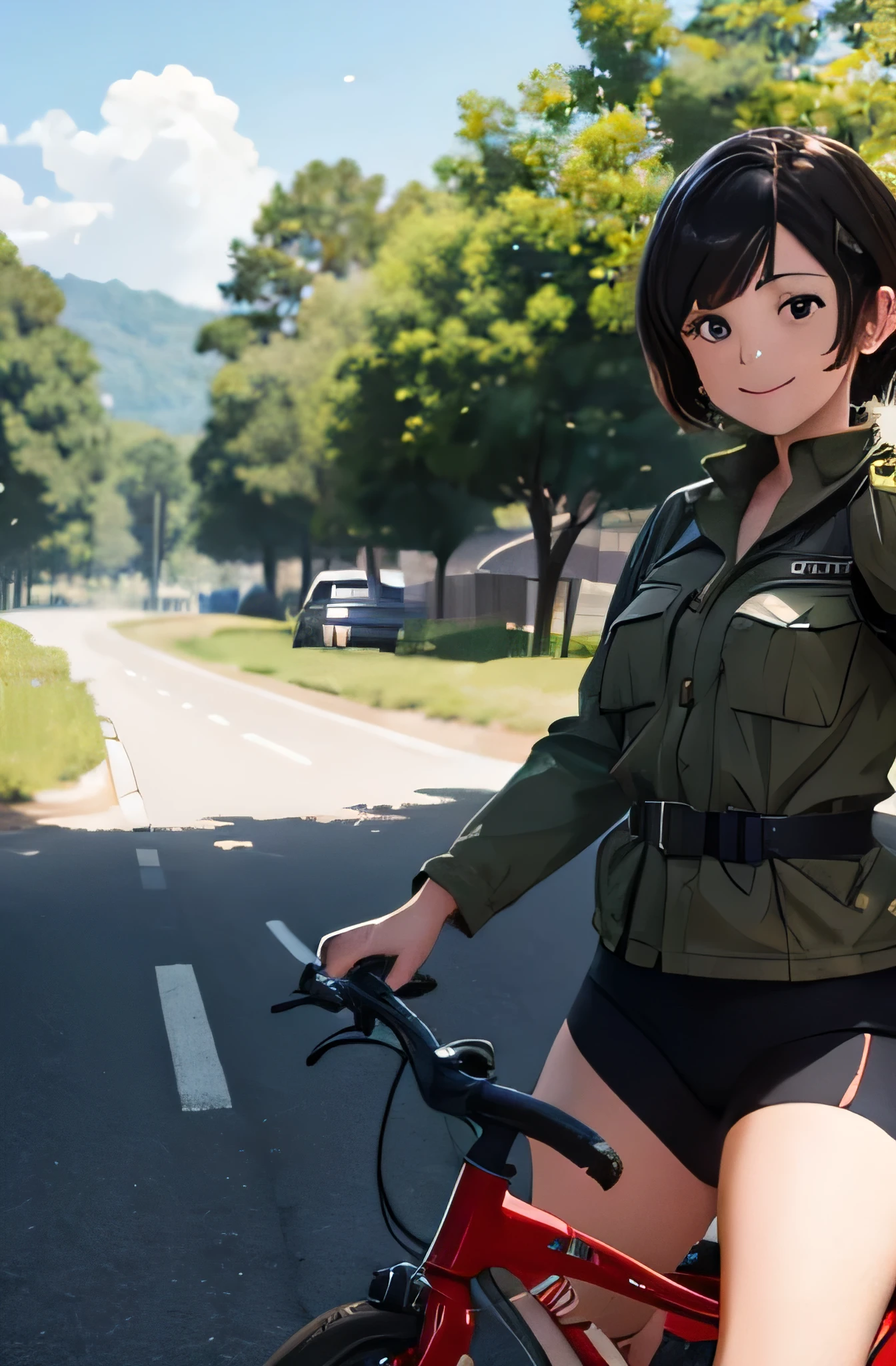 Girl in combat uniform,short hair,summer,smile,Driving a bicycle,8K, Highest quality, masterpiece