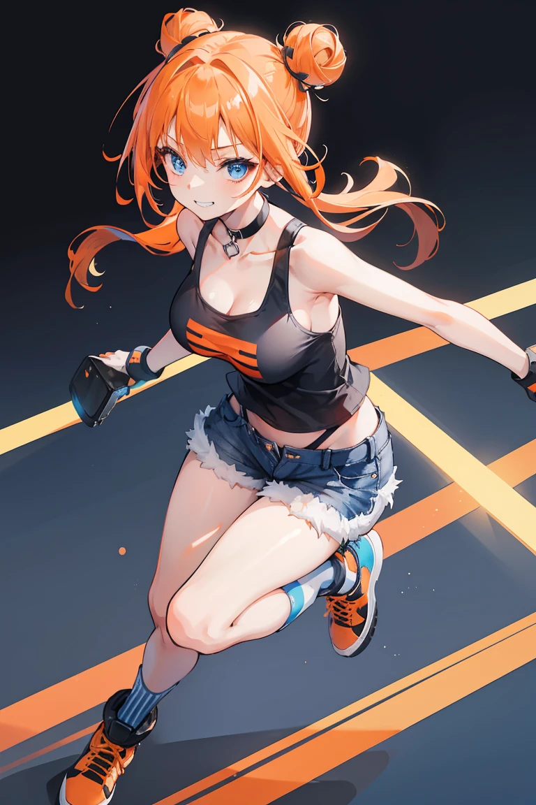 1girl, solo, orange hair, twin buns, blue eyes, eyeliner, light grin, medium breasts, black t-shirt, black choker, bare shoulders, striped mittens, denim shorts, striped socks, light blue sneakers, frow below