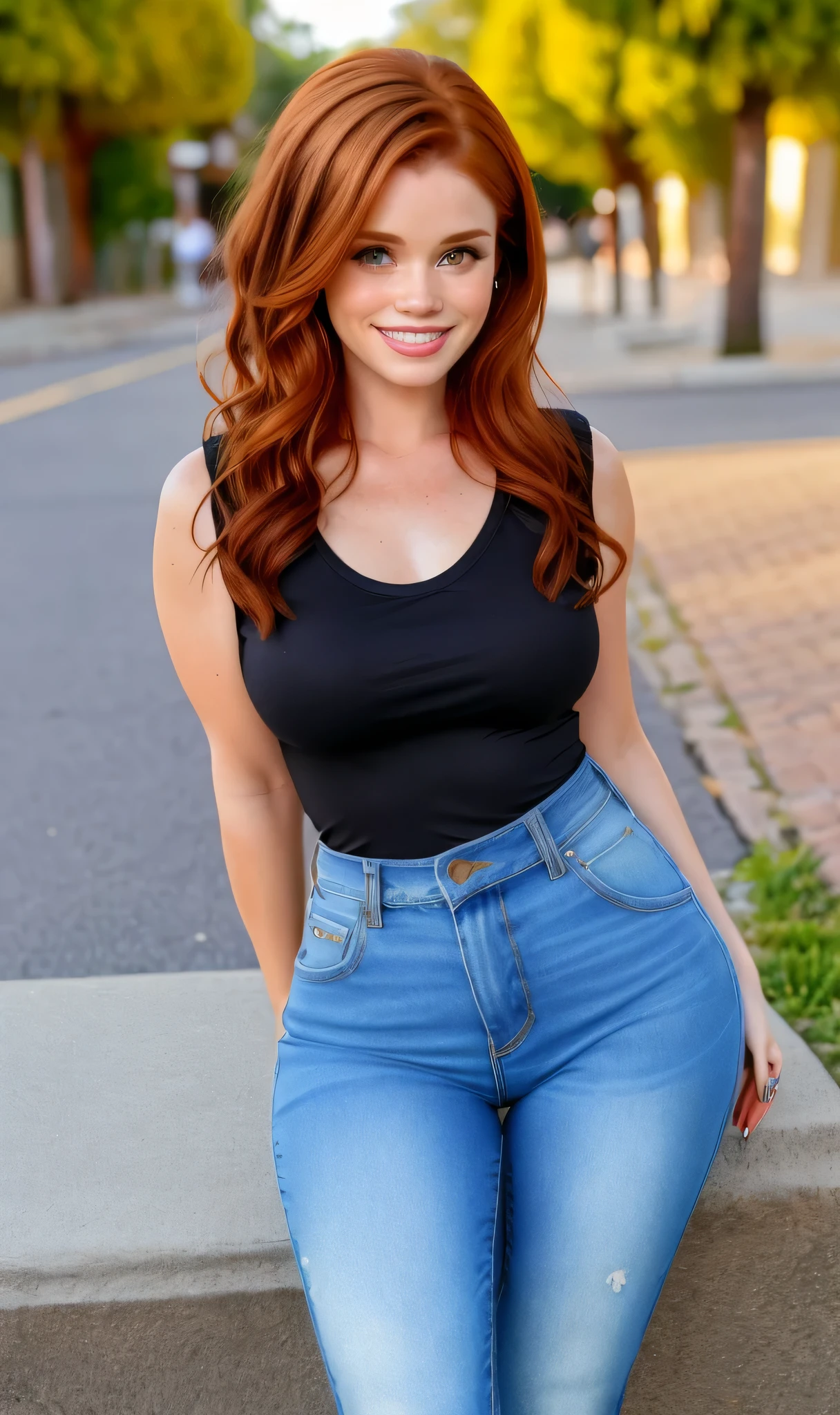 mjw2023, Holland Roden, 8k, best quality, trending on arstation, masterpiece, black top, jeans, looking at viewer, 5 fingers, bangs. long auburn hair, green eyes, cute smile