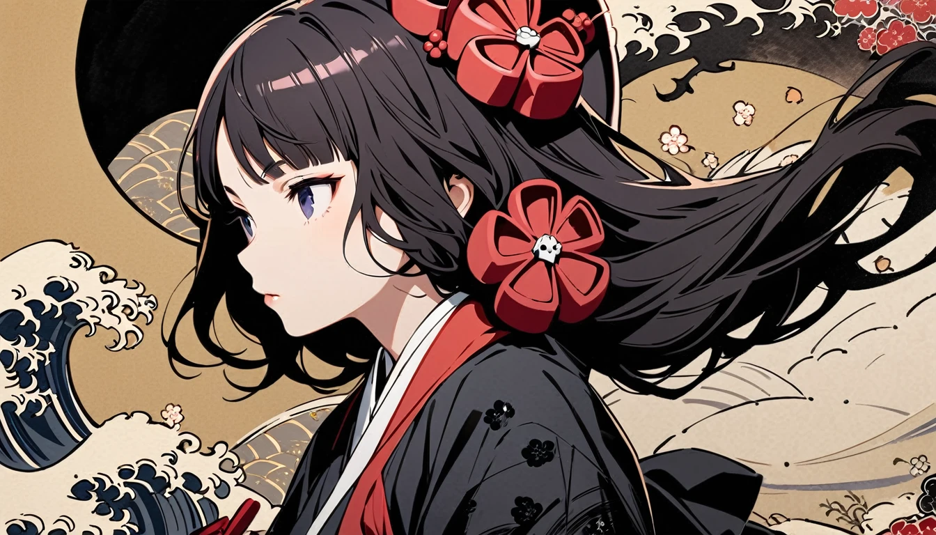 (((Highest quality))), (((Katsushika Hokusai))), (((Ink Painting))), ((very straight longhair)), ((1 girl)), ((Skull Mask)), ((beautiful girl)), Japanese style headphones, Black Hair, Delicate and precise, Modern ukiyo-e style