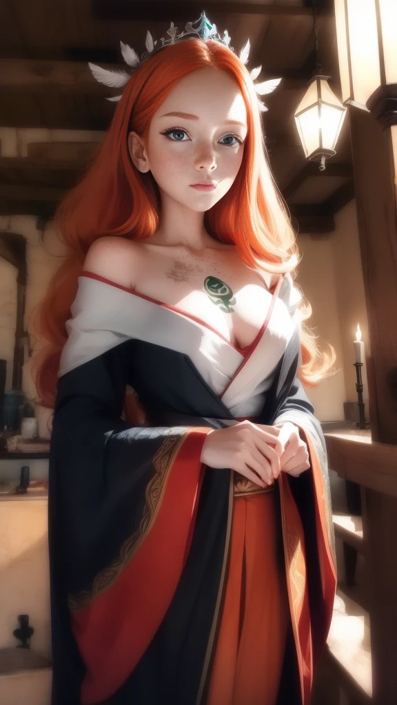 Young (princess), striking figure, long flowing ginger hair, wavy hairs, fair skin, freckles, (kolito), innocent and (regal appearance), expressive green eyes are filled with a mix of curiosity and determination, her slender frame, elegant grace, vibrant orange kimono with white and black decorations, ((very long sleeves)), cleavage, feather headdress, in a medieval tavern