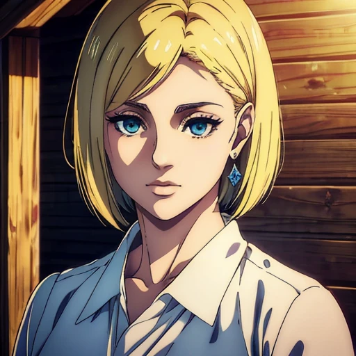 best quality,4k,8k,highres,masterpiece:1.2),ultra-detailed,(realistic,photorealistic,photo-realistic:1.37), a female character with diamond-shaped face, mappa art style, small and sharp blue almond-shaped eyes with positive canthal tilt ,  her hair is styled french bob cut,  her hair color is blonde,  she looks beautiful, she is fair, she is wearing  white shirt  , vibrant color, behind her a cabin