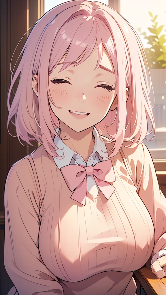 8k,(High quality:1.4),(best quality:1.4),(masterpiece:1.4),(beautiful busty breasts:1.3),(beautiful face:1.3),(beautiful woman:1.3),(pale pink hair:1.4),medium hair,a mole around the mouth,(enjoy:1.6),(closed eyes:1),(burst into laughter:1.4), (squinting:1.2)(school uniform:1.1),(beige sweater:1.2),(close-up:1.2),a bow tie,(leaning forward:1.2)