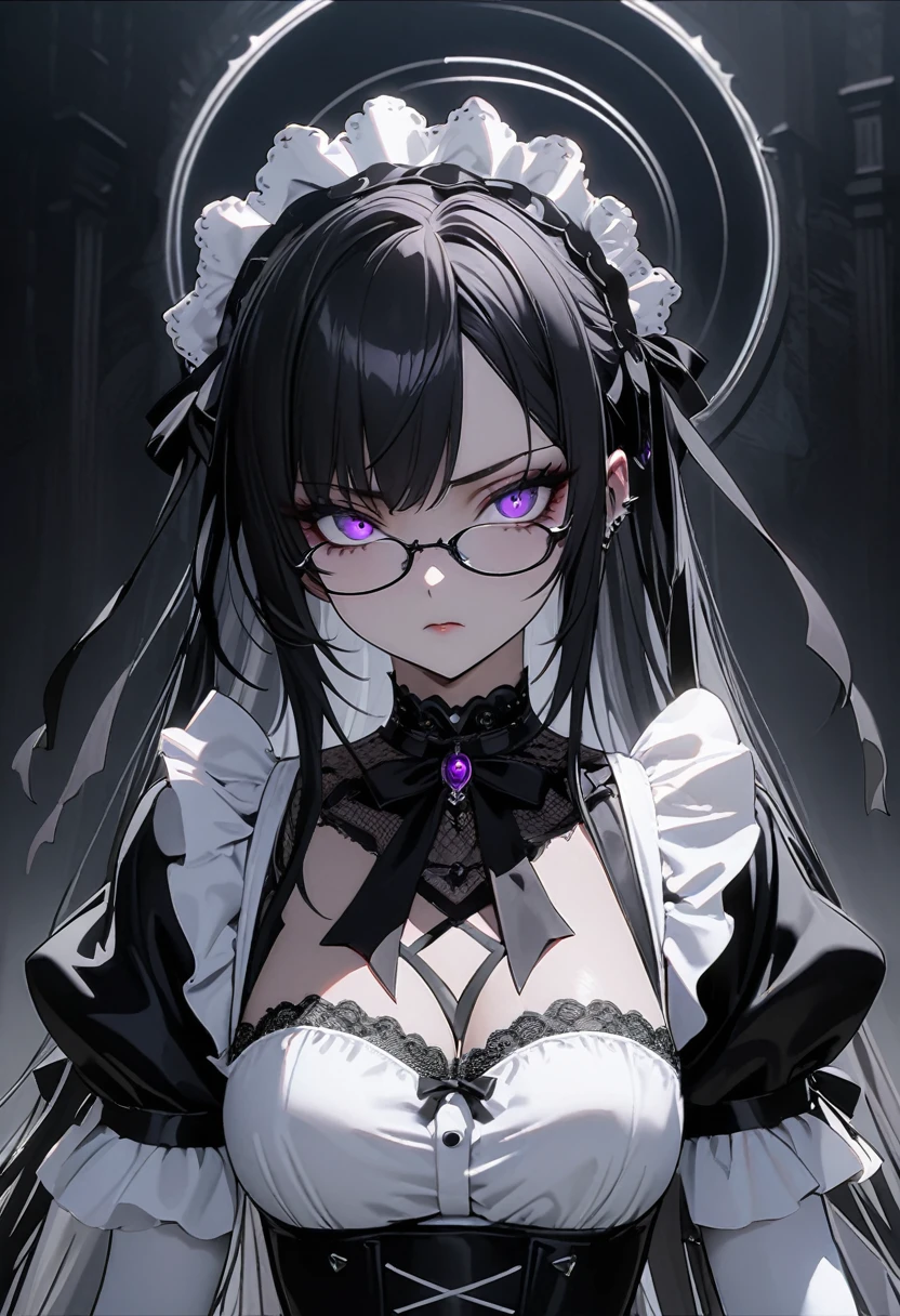 Gere imagens de: obra-prima, melhor qualidade, alta-resolução, foto em 8K. mature, stunning gothic maid, long flowing black hair, piercing intense violet eyes glowing in the dark, elegant eyeglasses, porcelain skin, intricate lace maid outfit, form-fitting corset, detailed frills, black and white color scheme, delicate gloves, dark and mysterious allure, gothic beauty, serious and intense expression, gothic accessories, intricate choker, dark and elegant ribbons, somber elegance, respected and admired, dark background