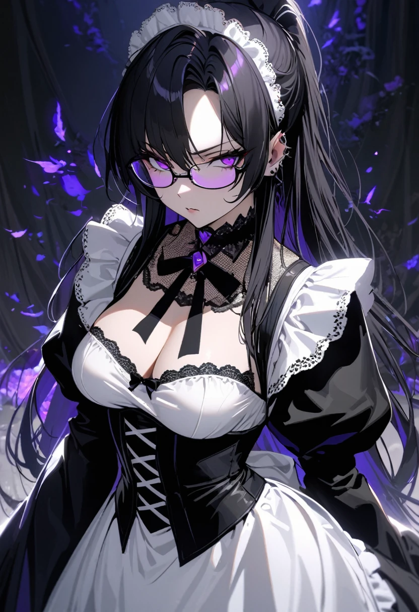 Gere imagens de: obra-prima, melhor qualidade, alta-resolução, foto em 8K. mature, stunning gothic maid, long flowing black hair, piercing intense violet eyes glowing in the dark, elegant eyeglasses, porcelain skin, intricate lace maid outfit, form-fitting corset, detailed frills, black and white color scheme, delicate gloves, dark and mysterious allure, gothic beauty, serious and intense expression, gothic accessories, intricate choker, dark and elegant ribbons, somber elegance, respected and admired, dark background