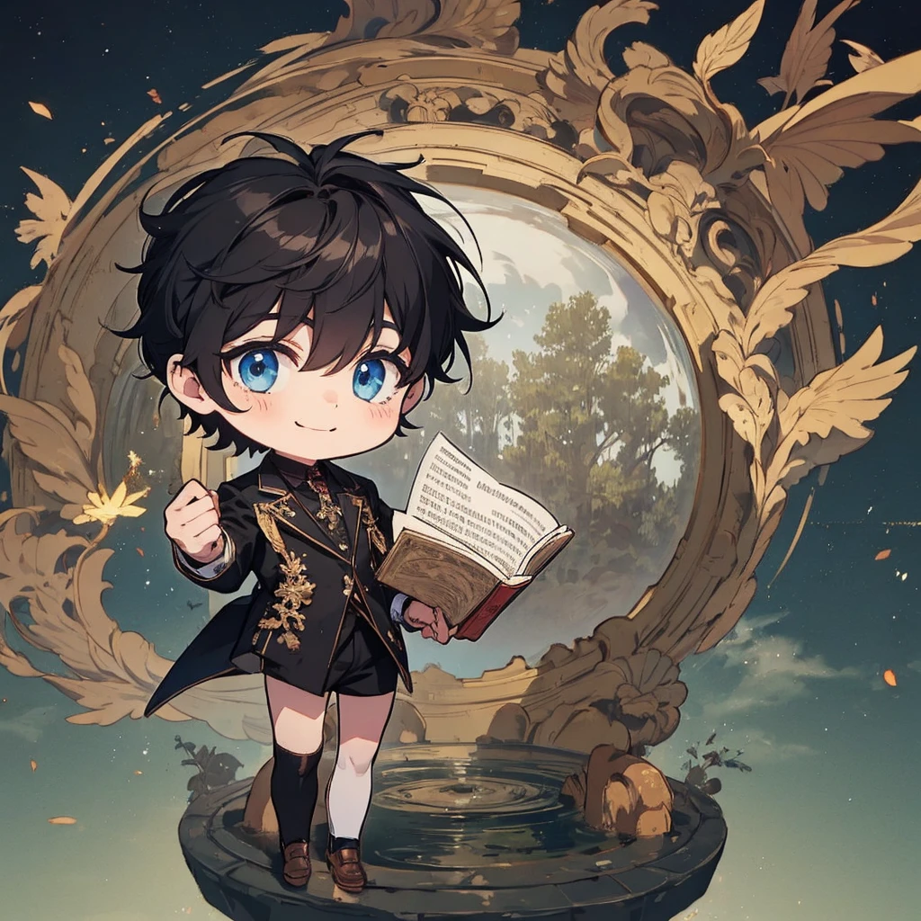 masterpiece , best quality , man , reading , chibi anime man , smile , black hair , suit , solo