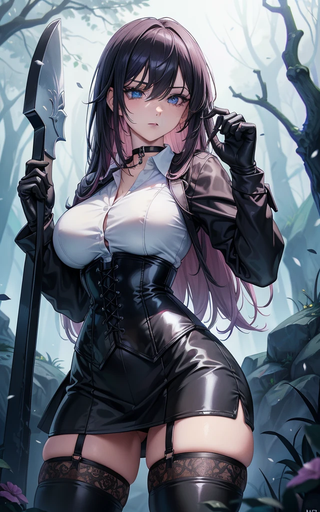 Masterpiece, Beautiful art, professional artist, 8k, art style by sciamano240, Very detailed face, Detailed clothing, detailed fabric, 1 girl, perfectly drawn body, big breasts, fighting pose, beautiful face, long hair, blue eyes, very detailed eyes, pink cheeks, shy expression, choker:1.6, (long sleeve white collar buttoned shirt), black gloves, gloves covering hands, (holding an ax in the right hand), (black leather corset), (black  miniskirt), (shiny black leggings), sensual lips ,  evening de invierno, show details in the eyes, view from front, looking at the viewer, dark path, dark forest, evening, Atmosphere, fog