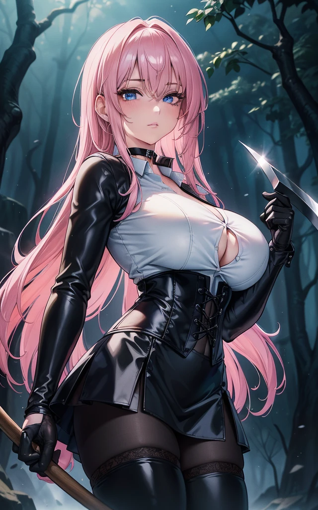 Masterpiece, Beautiful art, professional artist, 8k, art style by sciamano240, Very detailed face, Detailed clothing, detailed fabric, 1 girl, perfectly drawn body, big breasts, fighting pose, beautiful face, long hair, blue eyes, very detailed eyes, pink cheeks, shy expression, choker:1.6, (long sleeve white collar buttoned shirt), black gloves, gloves covering hands, (holding an ax in the right hand), (black leather corset), (black miniskirt), (shiny black leggings), sensual lips , evening de invierno, show details in the eyes, view from front, looking at the viewer, dark path, dark forest, evening, Atmosphere, fog