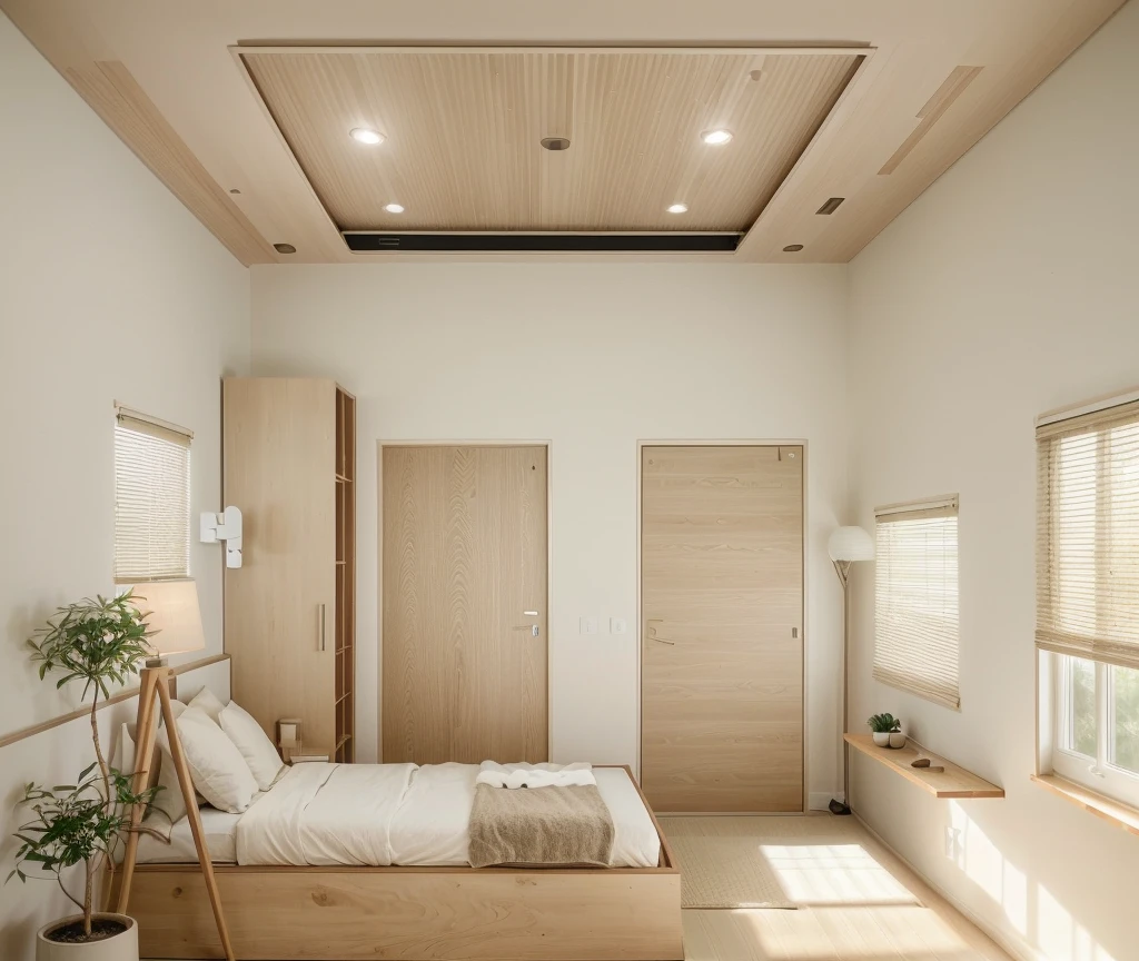 Minimalist Muji-style living room, neutral color palette, natural materials, soft lighting, low-profile white couch, wooden chair, natural wood furniture, indoor plants, minimalist wall art, woven rug, natural light, tranquility, functionality, harmonious blend, window day lighting on the right, picture canvas frame on the left wall
((8k)), high quality detail, soft lighting, minimalist design, neutral color palette, natural materials, clean lines, serene and inviting, modern Japanese aesthetic, flat ceiling, recessed downlights.
