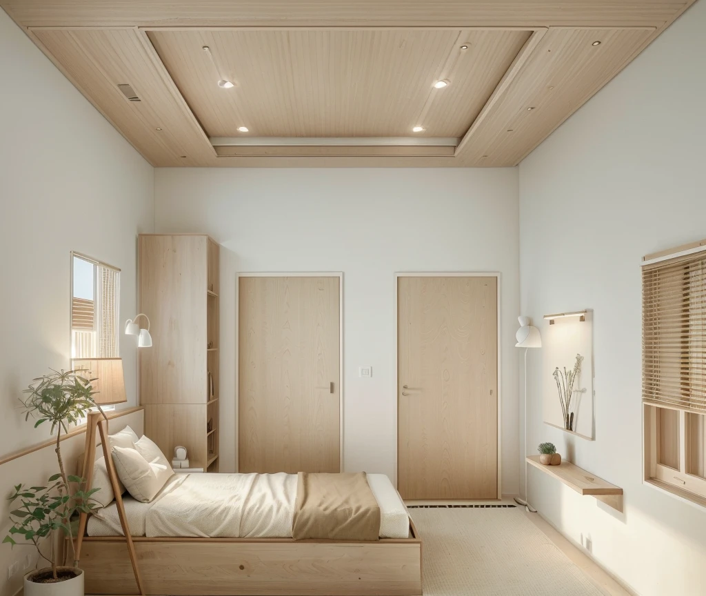 Minimalist Muji-style living room, neutral color palette, natural materials, soft lighting, low-profile white couch, wooden chair, natural wood furniture, indoor plants, minimalist wall art, woven rug, natural light, tranquility, functionality, harmonious blend, window day lighting on the right, picture canvas frame on the left wall
((8k)), high quality detail, soft lighting, minimalist design, neutral color palette, natural materials, clean lines, serene and inviting, modern Japanese aesthetic, flat ceiling, recessed downlights.