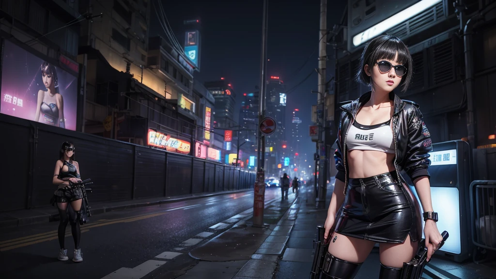 8k, Realistic Skin Texture, Realistic Photo, Neo Tokyo, slim women, large-breast:1.4 cleavage:1.3, AD2050 at night, Dirty hunting jacket, Wearing tube top, miniskirt, (((black sunglasses, automatic rifle, sneakers, cold, shooting pose, very low angle view))), Innovative composition, revenge, cyberpunk, blade runner worldview, Large neon sign, Geisha hologram sign, Strong Wakamoto Sign.