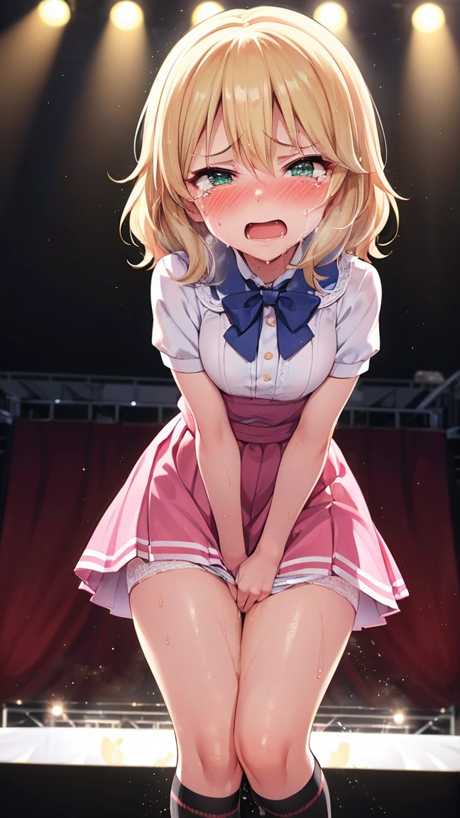 best quality,1girl,((,small breasts,loli:1.3)),y,((orgasm,blush,sobbing / tears:1.3)),angry,sweat,Sakurai Momoka,blonde hair, short hair, ((pink dress,pink skirt,mini skirt,lift skirt,upskirt,kneehighs,white panties,lace panties:1.1)),((walking:1.1)),forest,forest林,crotchAngle,head out of frame,lower body,((have to pee:1.3)),covering crotch,(((hand between legs))),knees together feet apart,Pee,Urinating,wet,((((crowd,stage)))),mike,full body